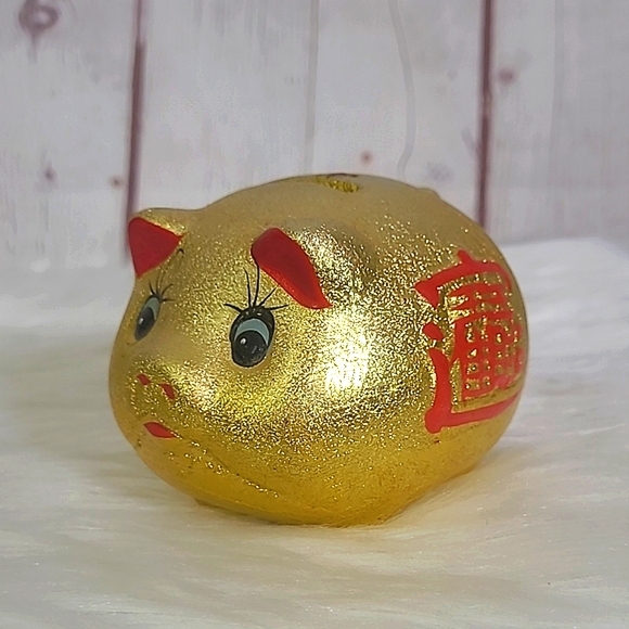 Vintage Chinese Piggy Bank Coin Bank Ceramic Gold Lucky Porcelain Fortune Pig - Picture 1 of 10